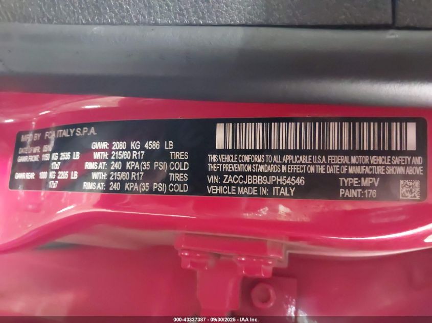 2018 Jeep Renegade Latitude 4X4 VIN: ZACCJBBB9JPH54546 Lot: 43337387