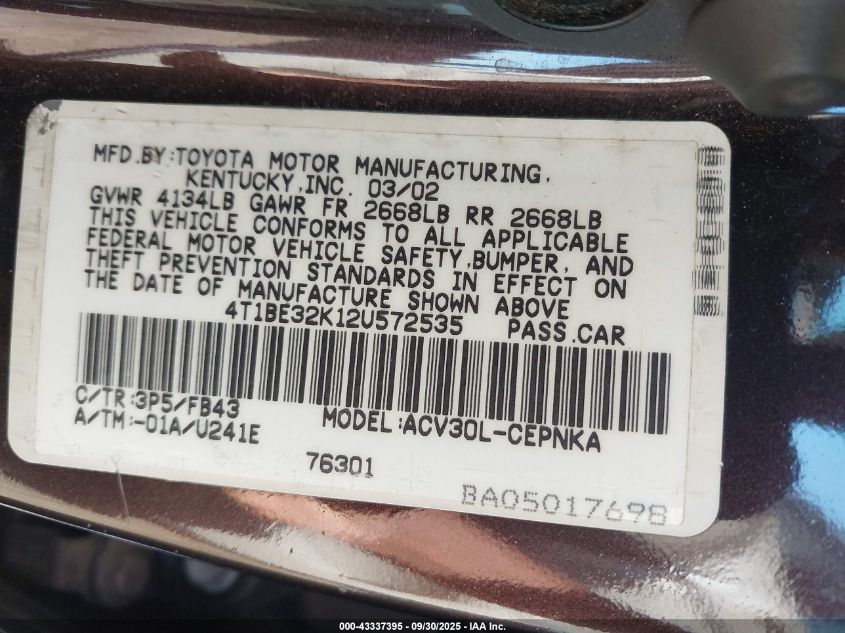 2002 Toyota Camry Le VIN: 4T1BE32K12U572535 Lot: 43337395