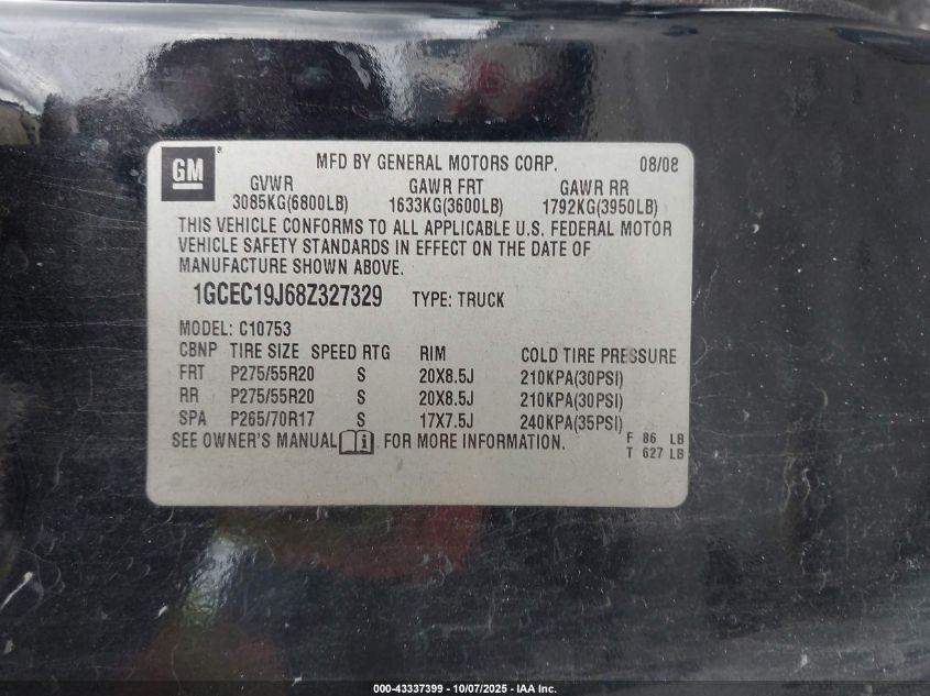 2008 Chevrolet Silverado 1500 Lt1 VIN: 1GCEC19J68Z327329 Lot: 43337399