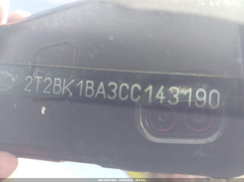 2012 Lexus Rx 350 VIN: 2T2BK1BA3CC143190 Lot: 43337404