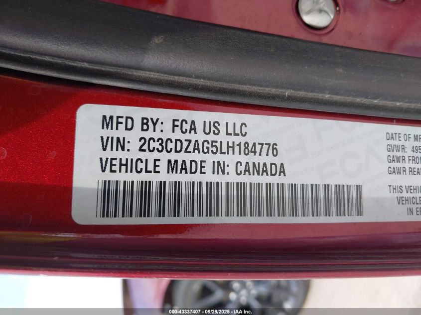 2020 Dodge Challenger Sxt VIN: 2C3CDZAG5LH184776 Lot: 43337407