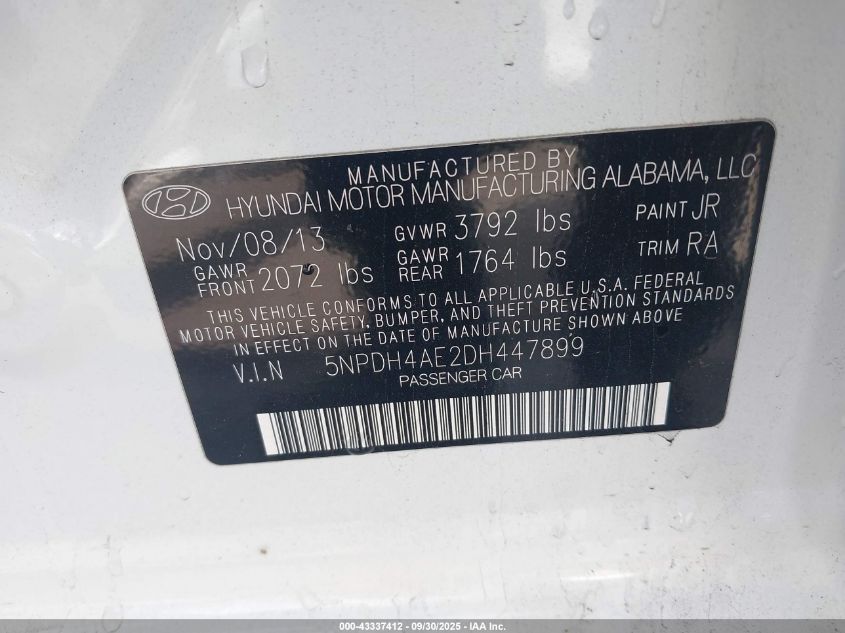 2013 Hyundai Elantra Gls VIN: 5NPDH4AE2DH447899 Lot: 43337412