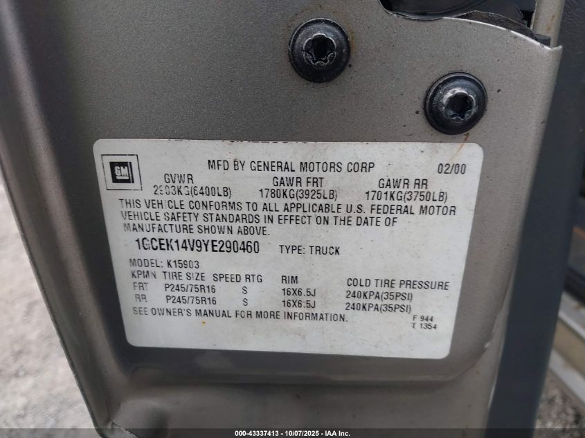 2000 Chevrolet Silverado 1500 VIN: 1GCEK14V9YE290460 Lot: 43337413