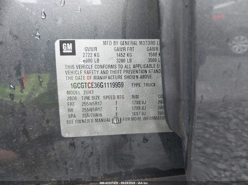 2016 Chevrolet Colorado Lt VIN: 1GCGTCE36G1119959 Lot: 43337420