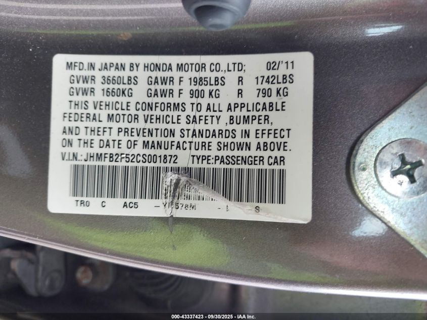 2012 Honda Civic Lx VIN: JHMFB2F52CS001872 Lot: 43337423