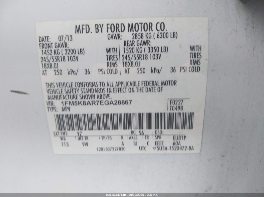 2014 Ford Police Interceptor VIN: 1FM5K8AR7EGA28867 Lot: 43337440