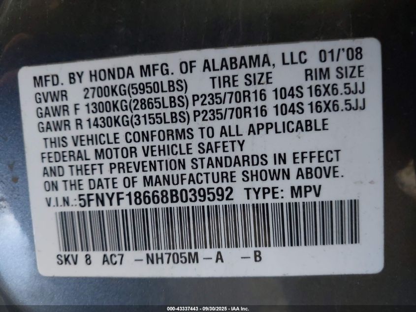 2008 Honda Pilot Ex-L VIN: 5FNYF18668B039592 Lot: 43337443