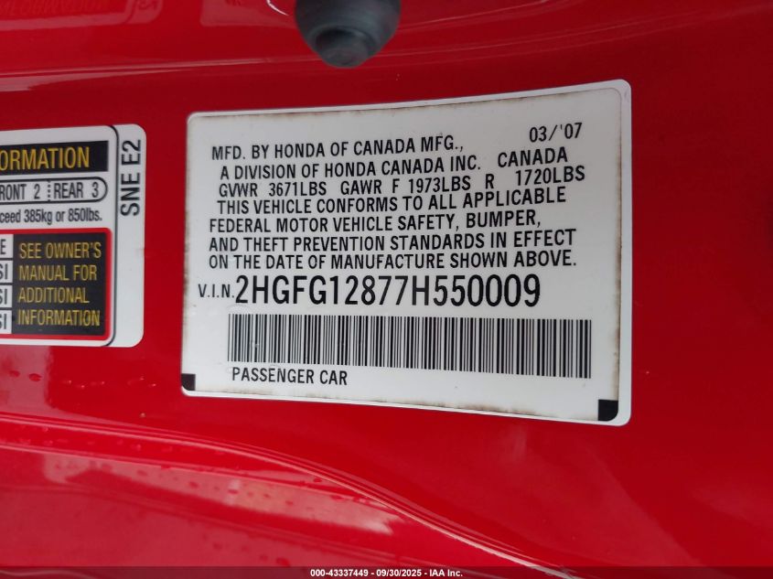 2007 Honda Civic Ex VIN: 2HGFG12877H550009 Lot: 43337449