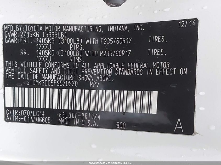 2015 Toyota Sienna Xle Premium 8 Passenger VIN: 5TDYK3DC5FS570570 Lot: 43337450