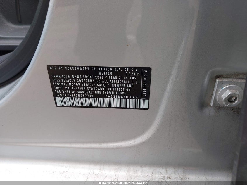 2013 VOLKSWAGEN JETTA 2.0L S 3VW2K7AJ1DM367749