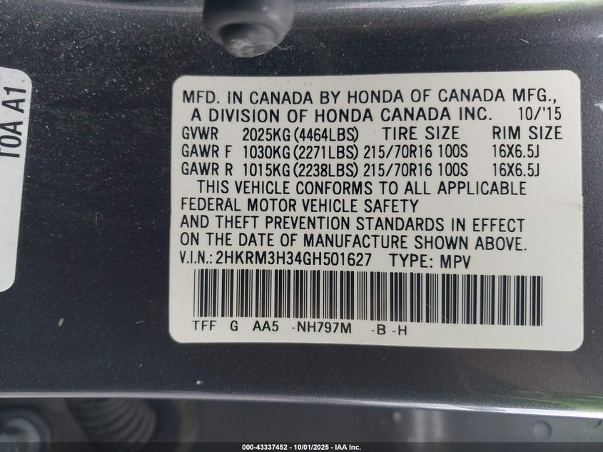 2016 HONDA CR-V LX - 2HKRM3H34GH501627