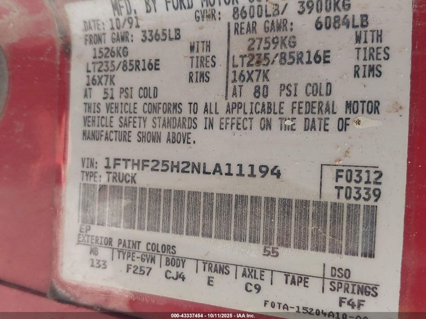 1992 Ford F250 VIN: 1FTHF25H2NLA11194 Lot: 43337454