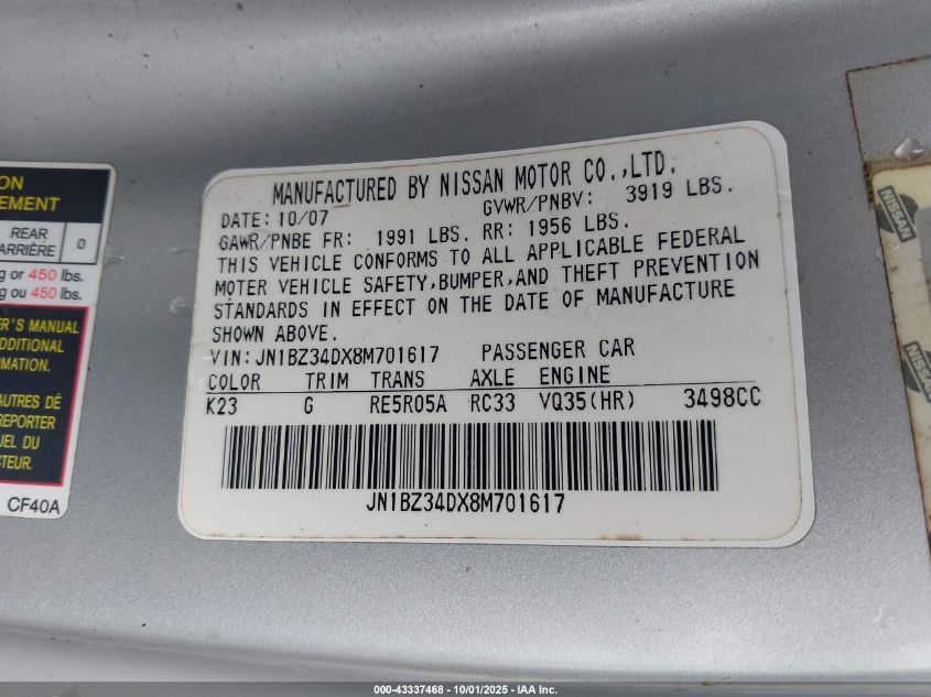 2008 Nissan 350Z Enthusiast VIN: JN1BZ34DX8M701617 Lot: 43337468