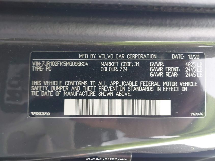 2021 Volvo S60 T5 Momentum VIN: 7JR102FK5MG096604 Lot: 43337481