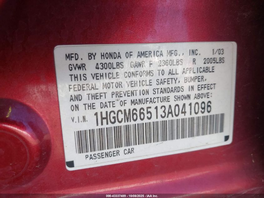2003 Honda Accord 3.0 Ex VIN: 1HGCM66513A041096 Lot: 43337489