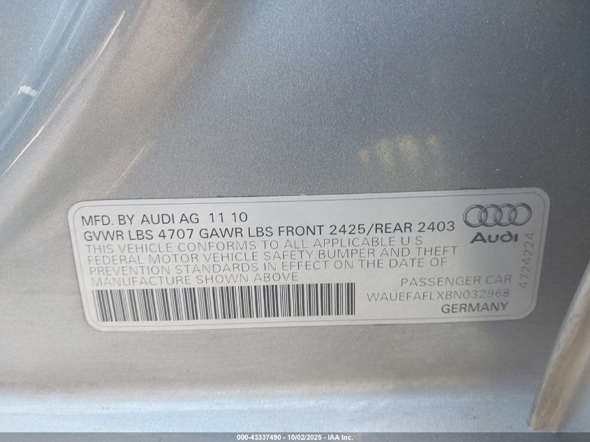 2011 Audi A4 2.0T Premium VIN: WAUEFAFLXBN032968 Lot: 43337490