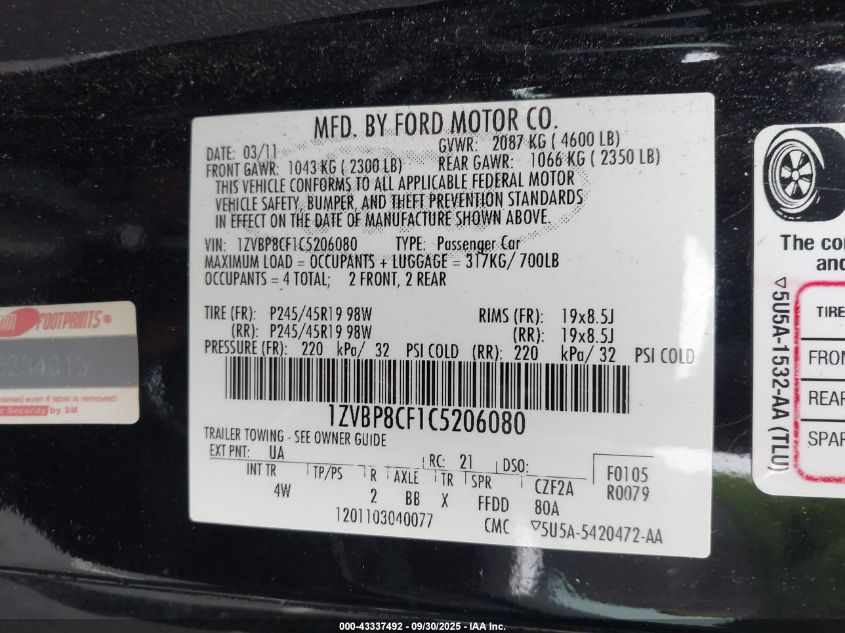 2012 Ford Mustang Gt Premium VIN: 1ZVBP8CF1C5206080 Lot: 43337492