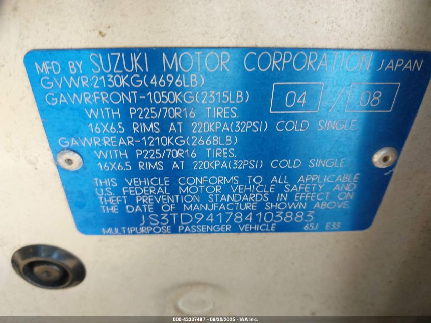 2008 Suzuki Grand Vitara VIN: JS3TD941784103883 Lot: 43337497