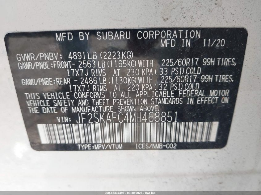 2021 Subaru Forester Premium VIN: JF2SKAFC4MH468851 Lot: 43337498