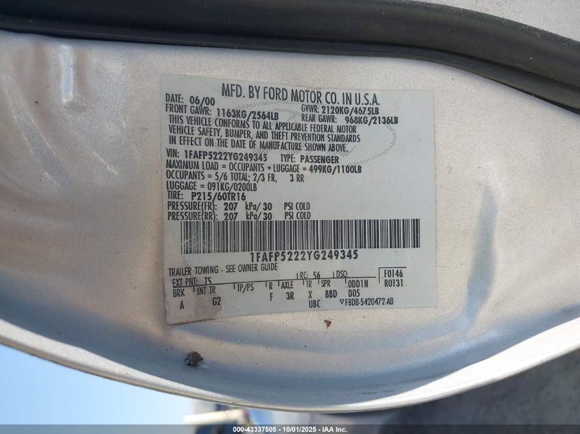 2000 Ford Taurus Lx VIN: 1FAFP5222YG249345 Lot: 43337505