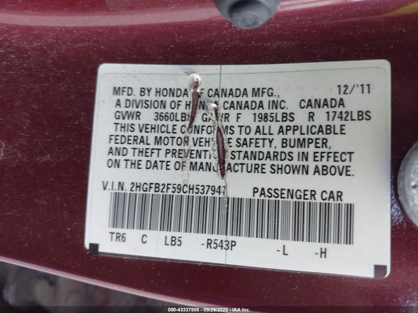 2012 Honda Civic Lx VIN: 2HGFB2F59CH537941 Lot: 43337508