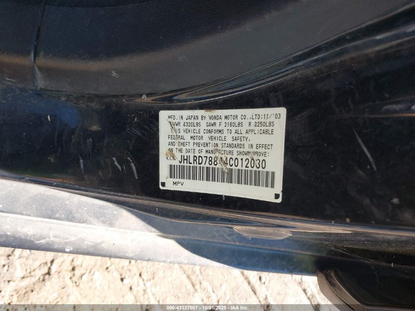 2004 Honda Cr-V Ex VIN: JHLRD78844C012030 Lot: 43337507