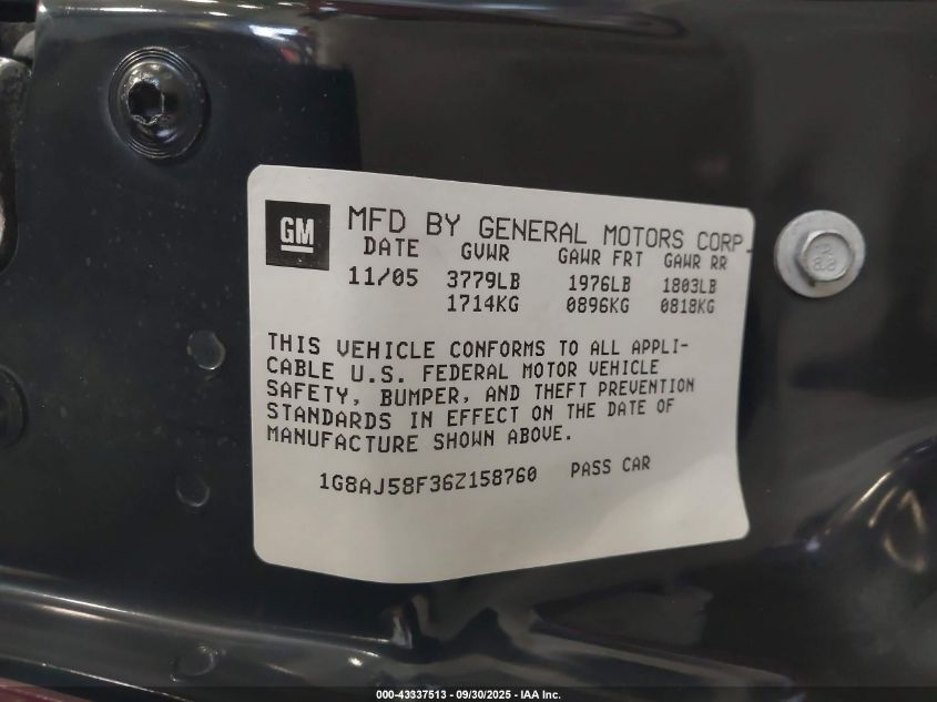 2006 Saturn Ion 2 VIN: 1G8AJ58F36Z158760 Lot: 43337513