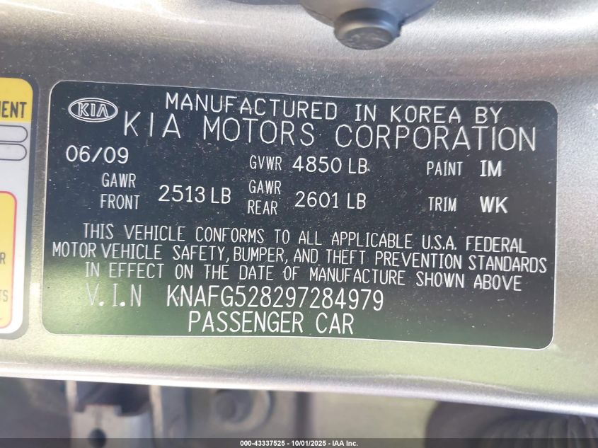 2009 Kia Rondo Lx VIN: KNAFG528297284979 Lot: 43337525