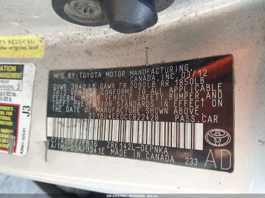 2012 Toyota Corolla Le VIN: 2T1BU4EE0CC822428 Lot: 43337543