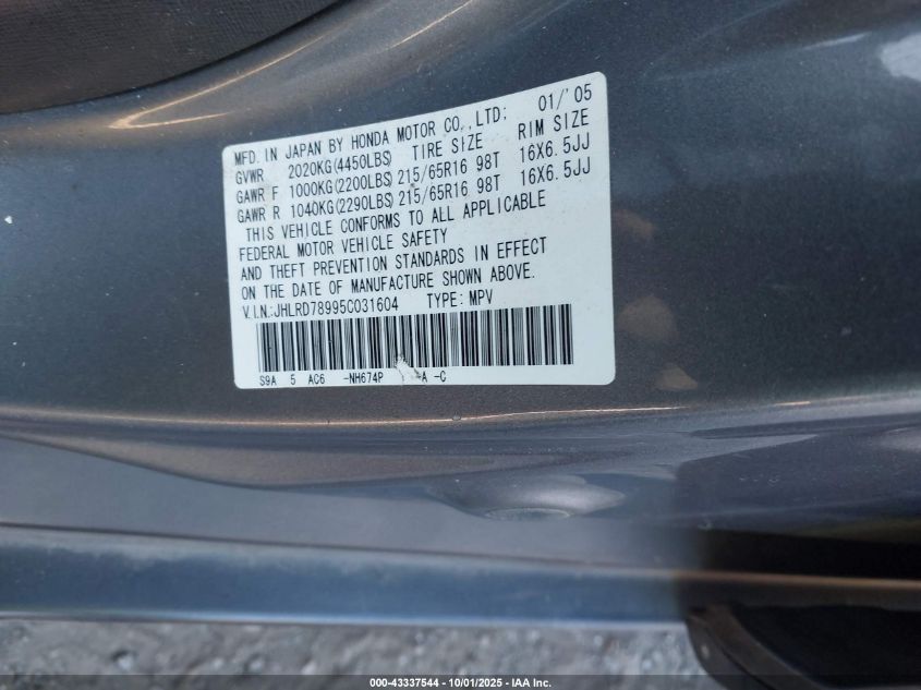 2005 Honda Cr-V Se VIN: JHLRD78995C031604 Lot: 43337544