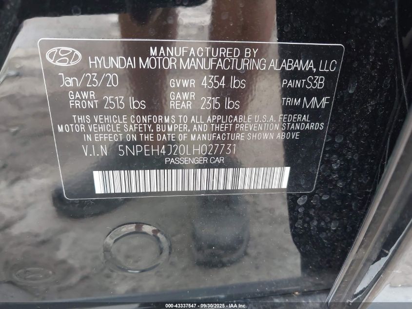 2020 Hyundai Sonata Limited VIN: 5NPEH4J20LH027731 Lot: 43429674