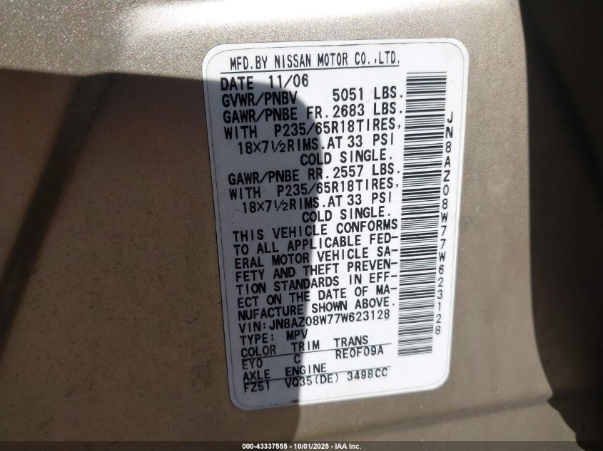 2007 Nissan Murano S VIN: JN8AZ08W77W623128 Lot: 43337555