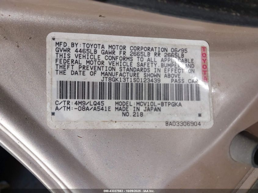 1995 Lexus Es 300 VIN: JT8GK13T1S0123439 Lot: 43337563