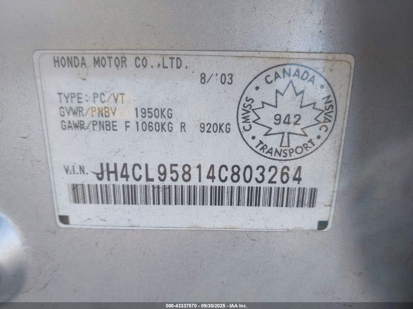 2004 Acura Tsx VIN: JH4CL95814C803264 Lot: 43337570