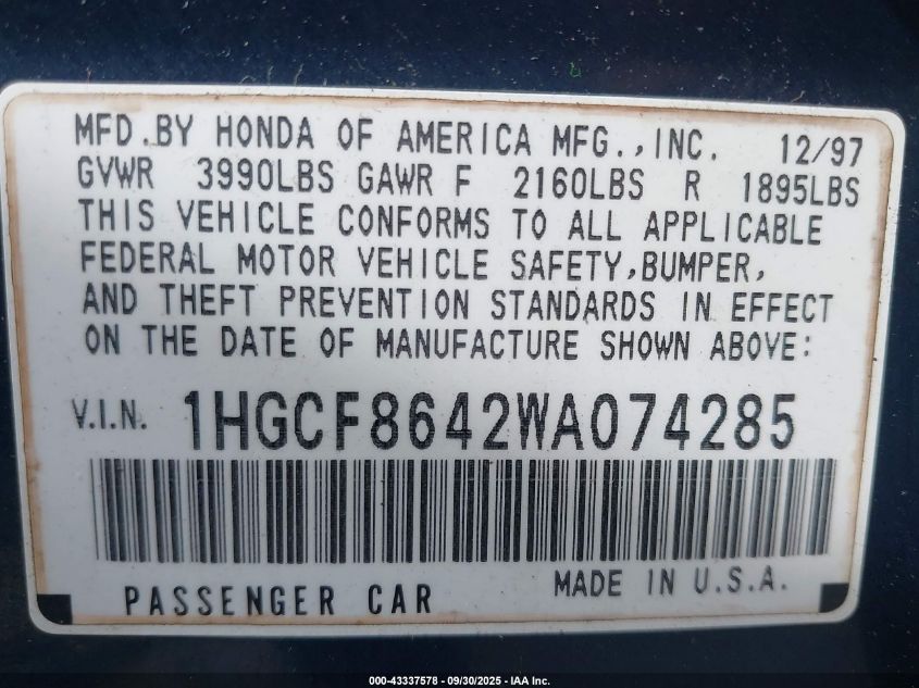1998 Honda Accord Dx VIN: 1HGCF8642WA074285 Lot: 43337578