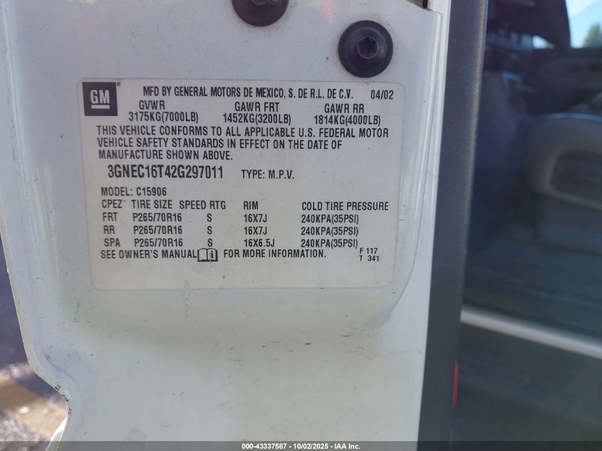 2002 Chevrolet Suburban 1500 Lt VIN: 3GNEC16T42G297011 Lot: 43337587