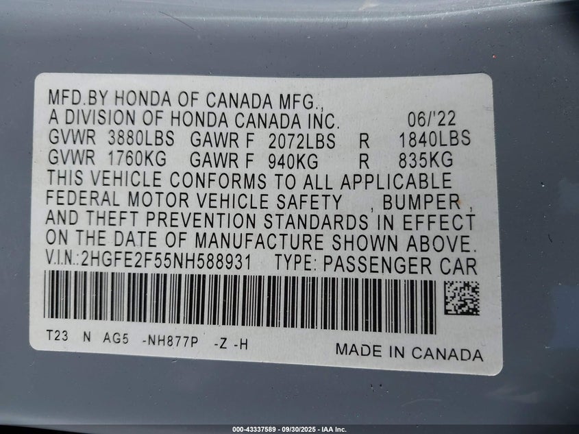 2022 HONDA CIVIC SPORT - 2HGFE2F55NH588931