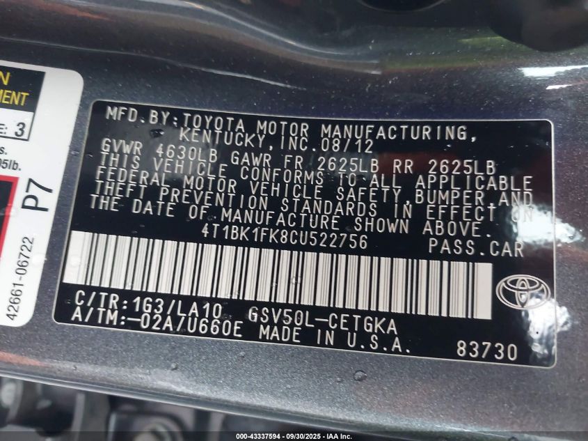 2012 Toyota Camry Xle V6 VIN: 4T1BK1FK8CU522756 Lot: 43337594