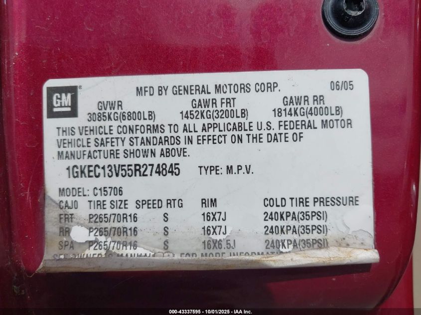 2005 GMC Yukon Sle VIN: 1GKEC13V55R274845 Lot: 43337595