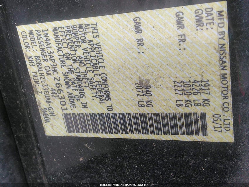 2017 NISSAN ALTIMA 2.5 SR 1N4AL3AP3HC266301