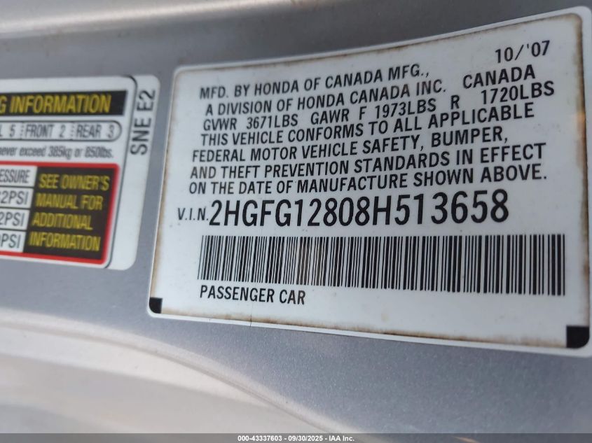 2008 Honda Civic Ex VIN: 2HGFG12808H513658 Lot: 43337603