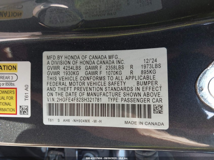 2025 HONDA CIVIC HYBRID SPORT/SPORT TOURING - 2HGFE4F82SH321781