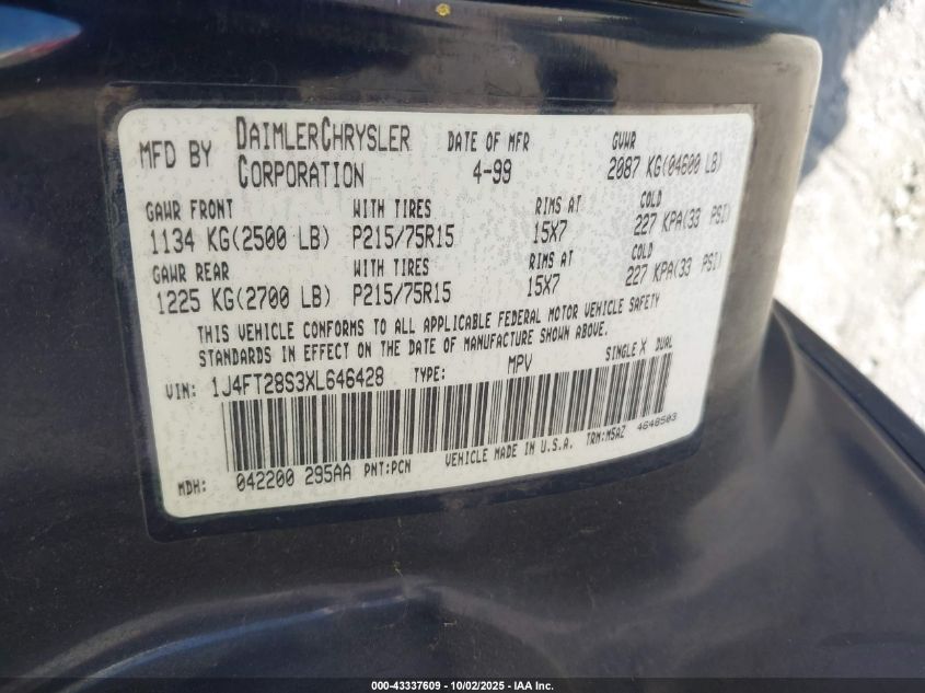 1999 Jeep Cherokee Se VIN: 1J4FT28S3XL646428 Lot: 43337609