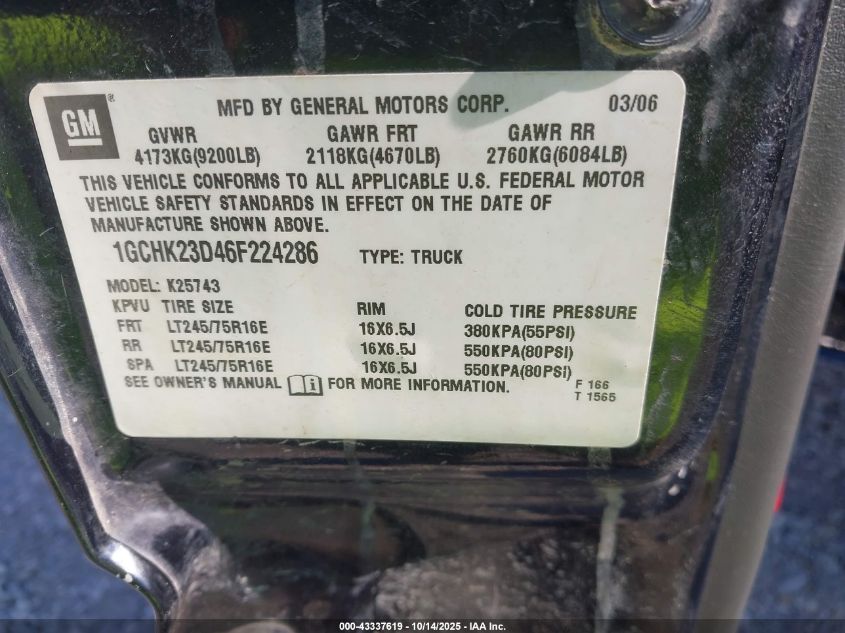 2006 Chevrolet Silverado 2500Hd Lt3 VIN: 1GCHK23D46F224286 Lot: 43337619