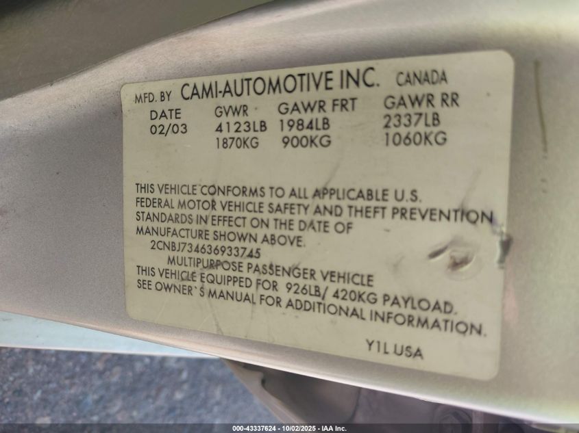 2003 Chevrolet Tracker Hard Top Zr2 VIN: 2CNBJ734636933745 Lot: 43337624