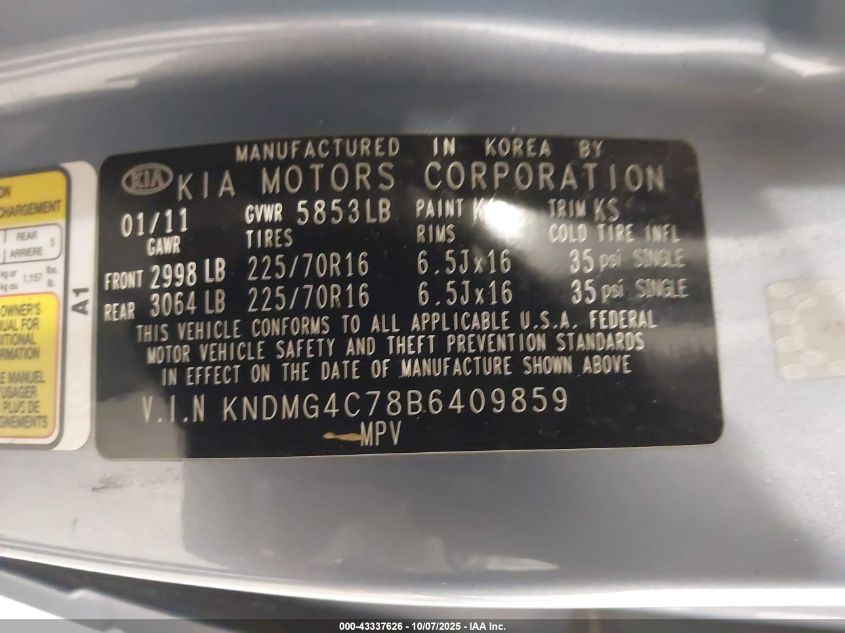 2011 Kia Sedona Lx VIN: KNDMG4C78B6409859 Lot: 43337626