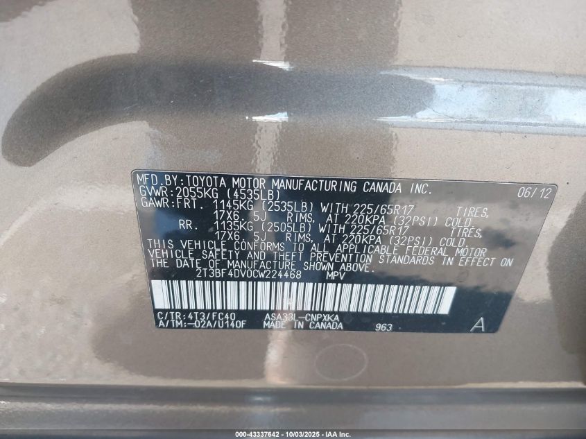 2012 Toyota Rav4 VIN: 2T3BF4DV0CW224468 Lot: 43337642