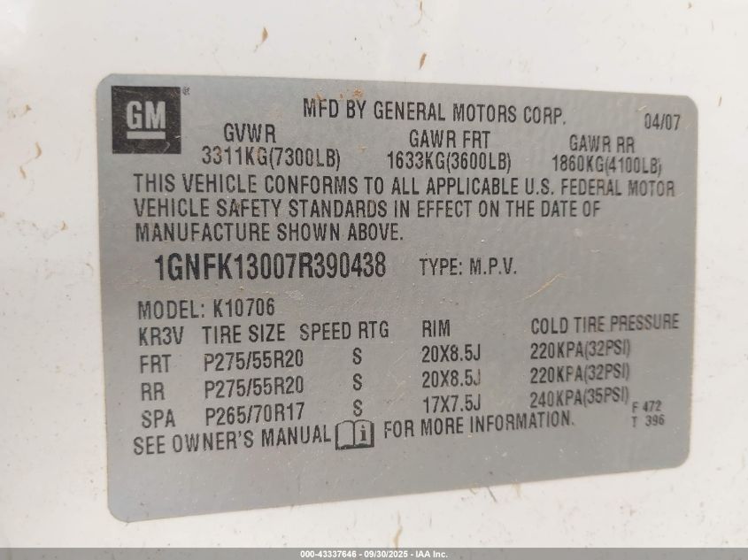 2007 Chevrolet Tahoe Ltz VIN: 1GNFK13007R390438 Lot: 43337646