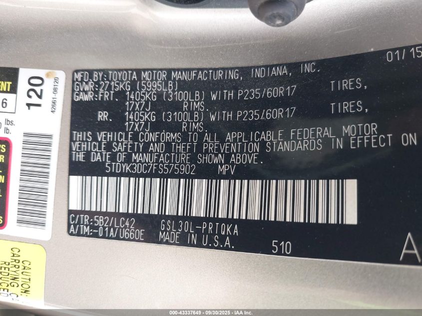 2015 Toyota Sienna Xle 8 Passenger VIN: 5TDYK3DC7FS575902 Lot: 43337649