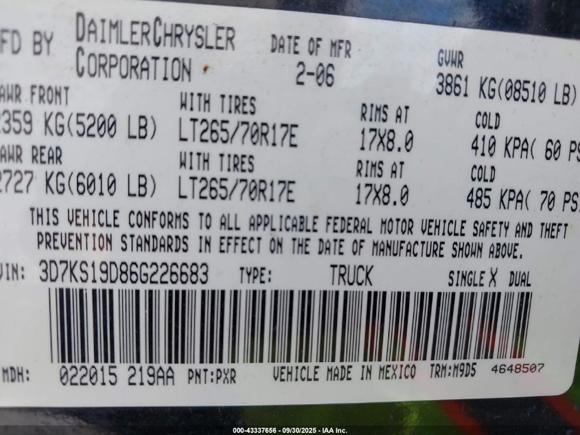 2006 Dodge Ram 1500 Slt VIN: 3D7KS19D86G226683 Lot: 43337656
